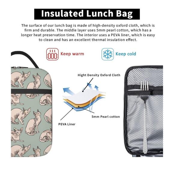 Hairless Naked Cats Sphynx Portable Lunch Box Bag Insulated Reusable Lunch NEW - Picture 5 of 6